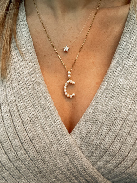 Tiny Pearl Initial Charm Necklace in Silver | Lisa Angel